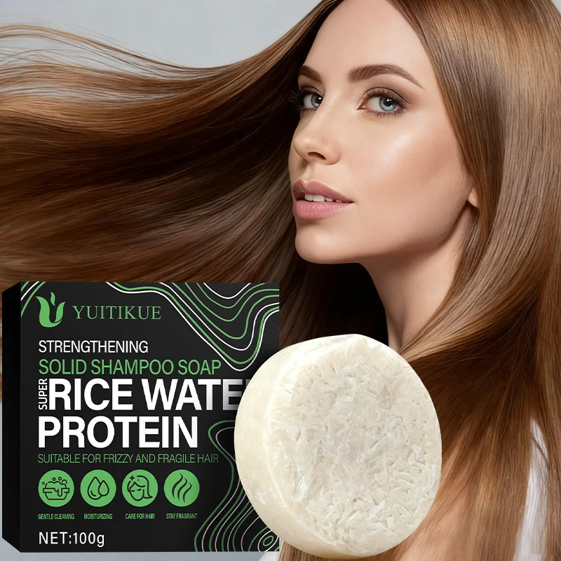 Solid shampoo bar with super rice water protein, suitable for frizzy and fragile hair, gently cleanses.