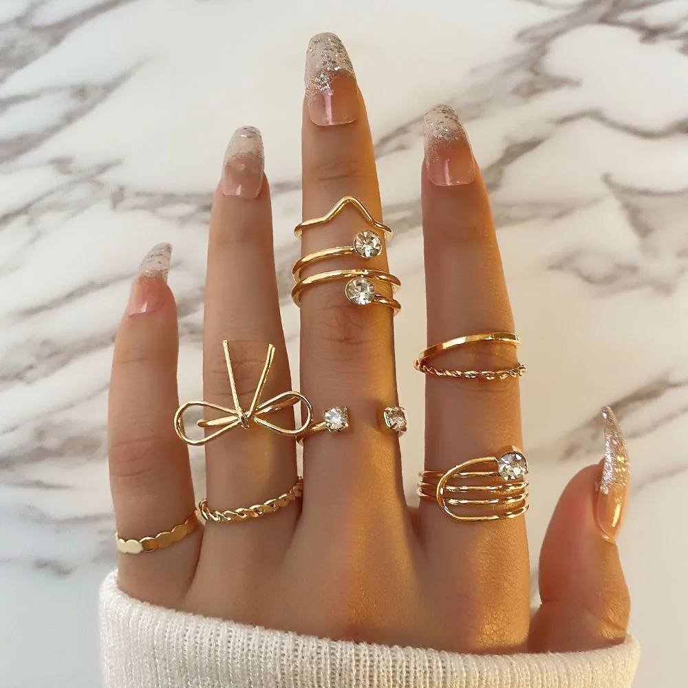 FNIO Fashion Chic Gold Color Bow Heart Rings Set For Women Vintage  Geometric Crystal Finger Rings Female Trendy Jewelry Gift