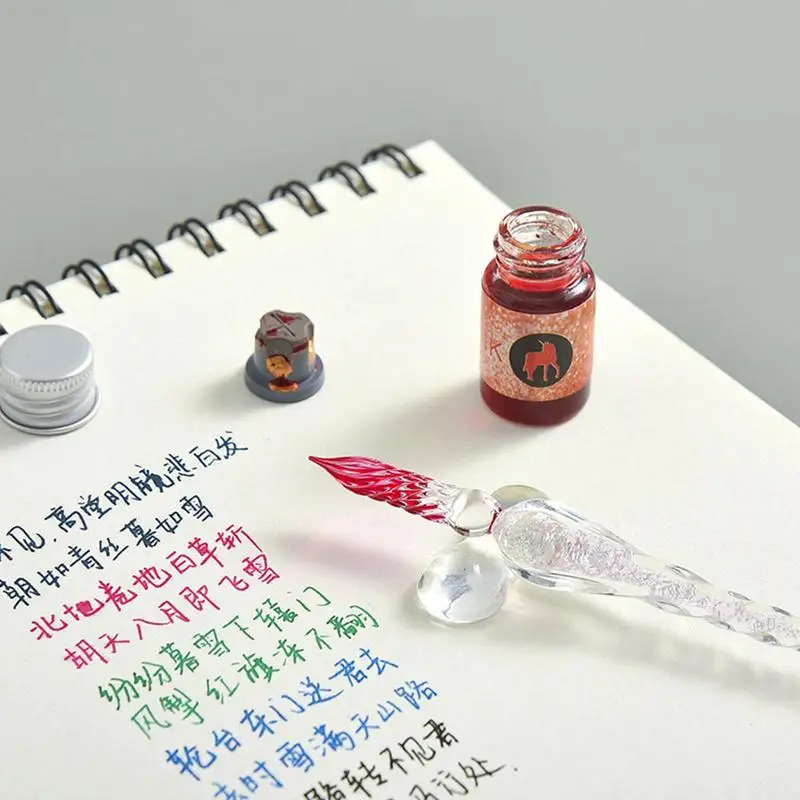별이 빛나는 하늘 크리스탈 유리 펜, 캘리그라피 딥 펜, 12 색 잉크 글리터 파우더 만년필, 색상 잉크 선물 상자 쓰기