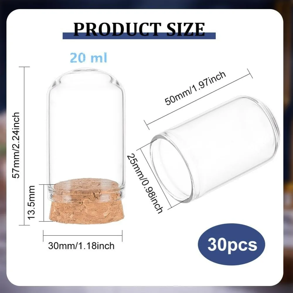 30 Pack 20ml Glass Jars Bottles Glass Display Cloche Dome Decoration Bottles 1.95x1.2" with Cork for Party Favors Arts Projects