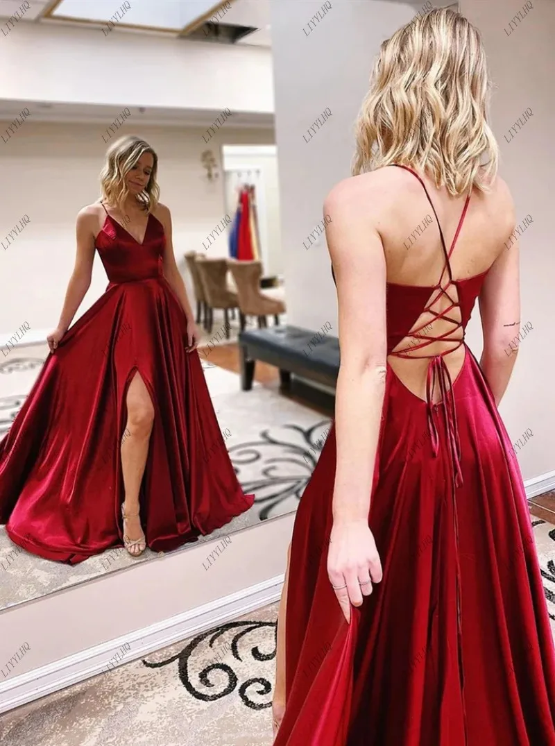 

LIYYLHQ Burgundy Prom Dresses With Side Slit V Neck Satin Elegant Long Women Evening Party Gowns Wine Red Women Formal Dress