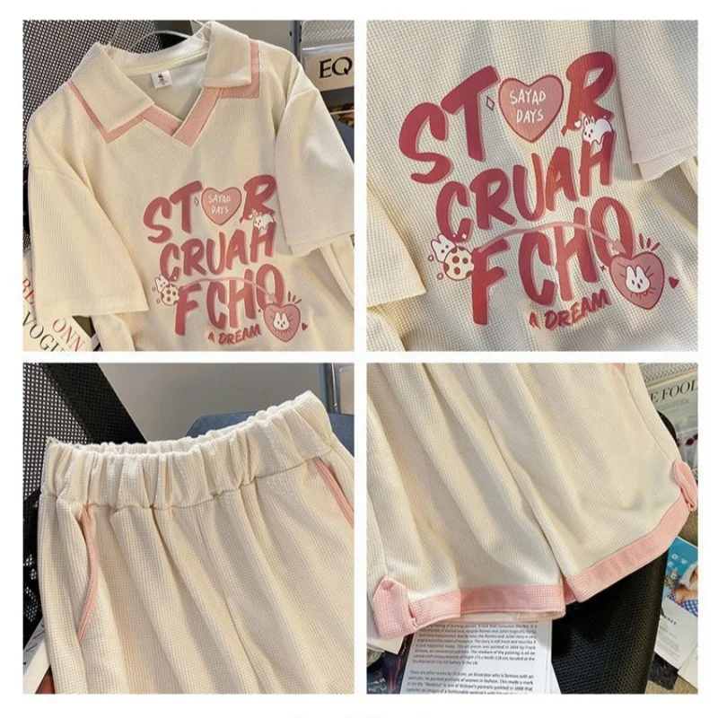 2024 New Extra Large Waffle Casual Sports Set Women's Design Feeling Slim and Elegant Top and Shorts