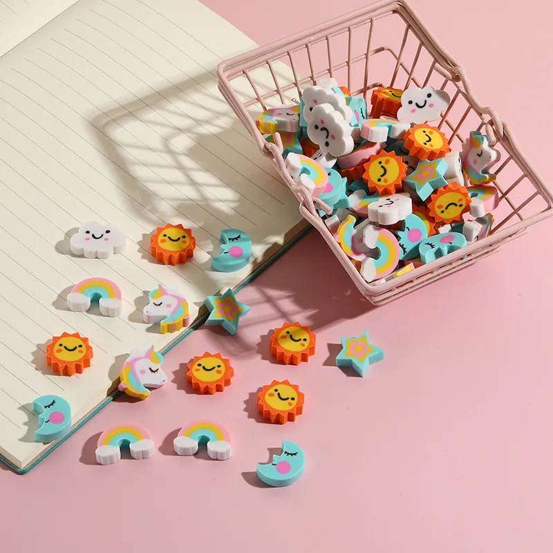 10Pcs/Lot Kawaii Unicorn Rainbow Eraser Cute Cartoon Cloud Star Moon Sun Pencil Rubber Erasers for Kids School Office Stationery pencil eraser