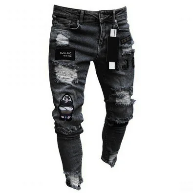 Punk Plus Size Pants Men Skinny Ripped Hole Patchwork Jeans Slim Pencil Denim Autumn Winter Streetwear Men's denim pants denim trousers