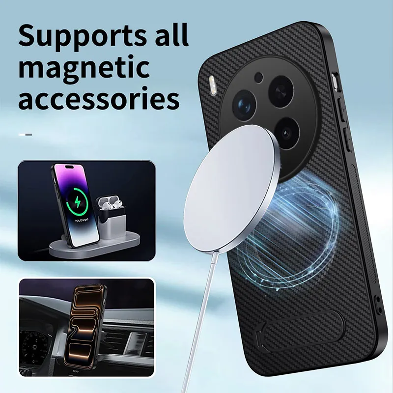 Fashion Carbon Fiber Anti-Fall Camera Lens Protective Case with Foldable Kickstand