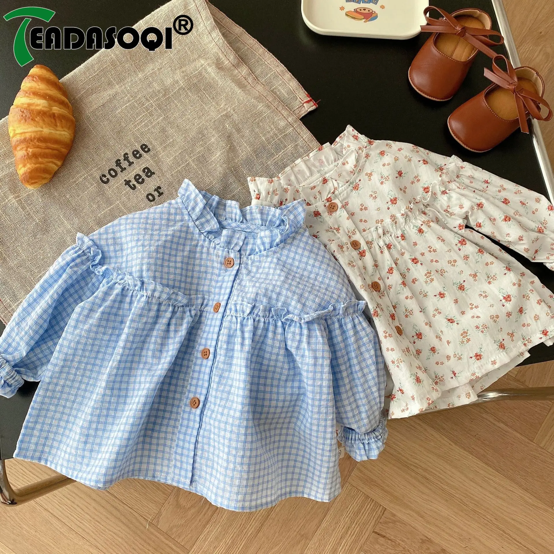 

2023 Autumn New In Baby Girls Floral Ruched Top Single-breasted Shirts: Full Sleeve Auricular Collar Children Blouses (3M-6Y)