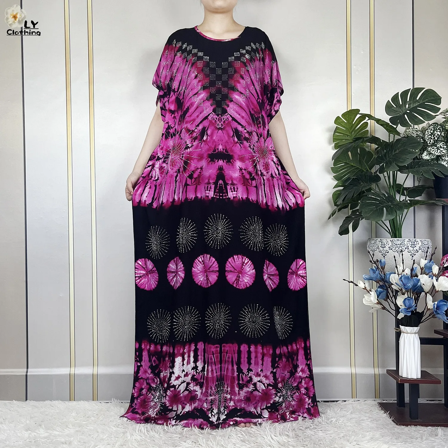 2023 New African Abaya Lady Short Sleeve Dress With Big Lace Scarf Cotton Printing Tie-dyed Maxi Islam Women Summer Loose Robe 4
