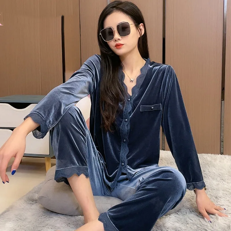 Women's Autumn Winter New Fashionable Elegant Lapel Long Sleeved Casual Comfortable Pajamas Keep Warm Solid Color Youthful Suit