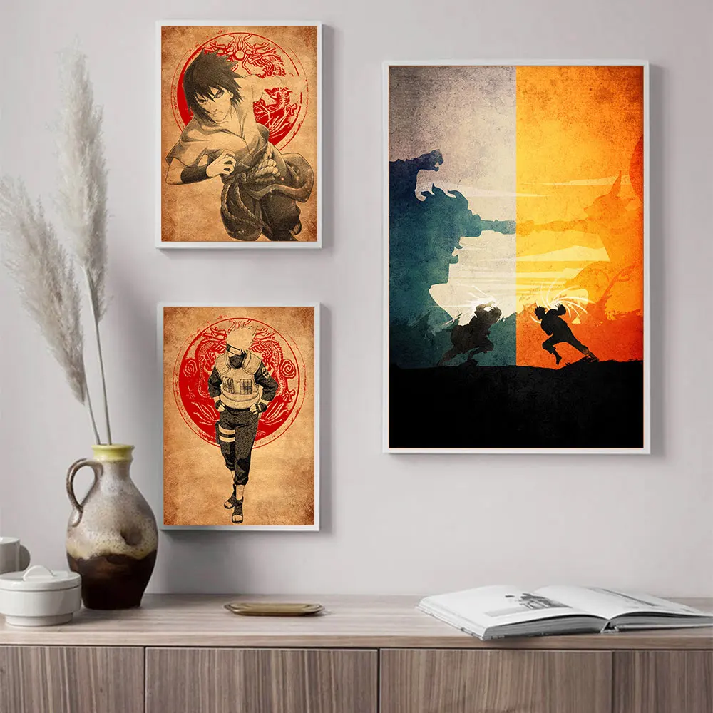 

Anime Peripheral Naruto Vintage Poster Figures Kakashi Sasuke Canvas Painting Wall Art Fight Mural Prints for Living Room Decor