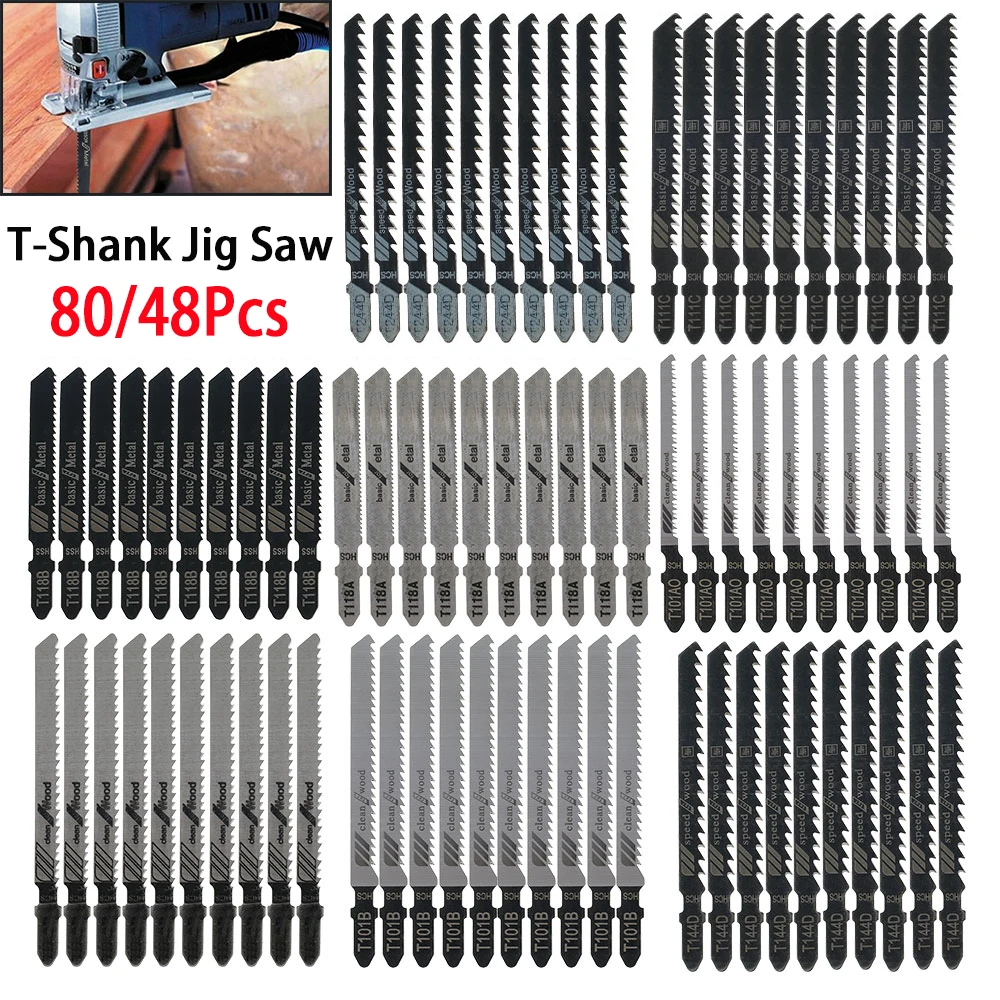 Jig Saw Blades 80/48Pcs Jig Saw Blades Cutting Tools T-Shank Wood Metal Blades Woodworking Tool Cutting Power Tools