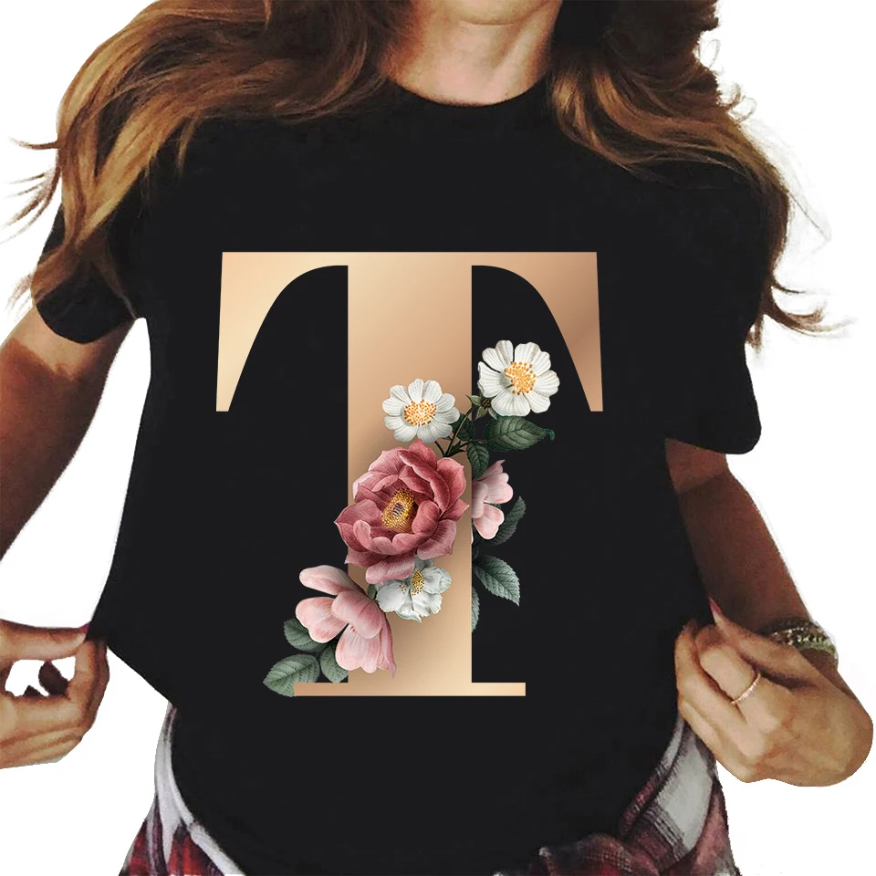 26 Floral alphabet font classic t shirt summer Fashion Harajuku Kawaii TShirt Women Top Tees Female graphic tees