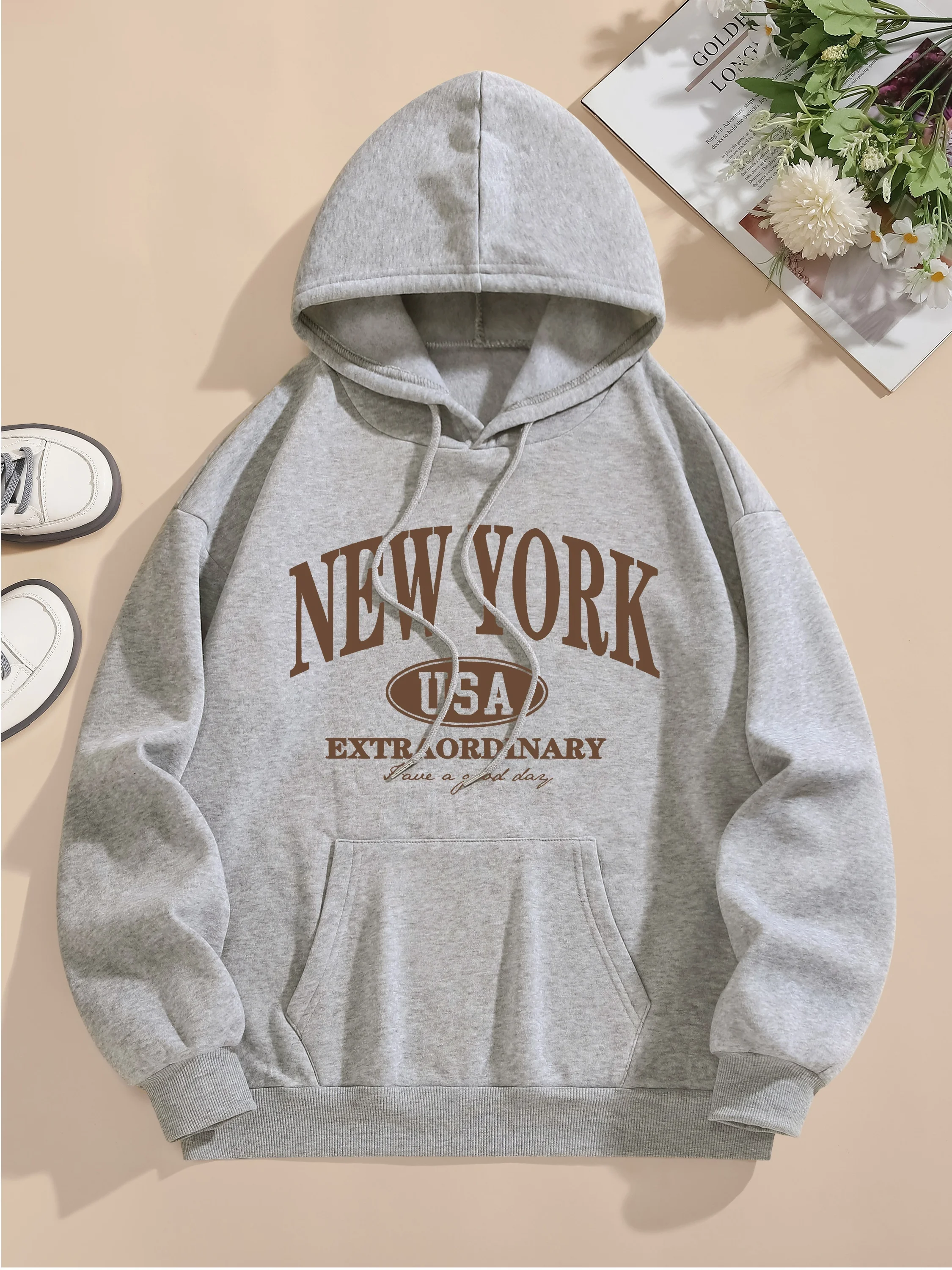 Letter Print Hoodie, Drawstring Long Sleeve Casual Hooded Sweatshirt For Winter & Fall, Women's Clothing 4