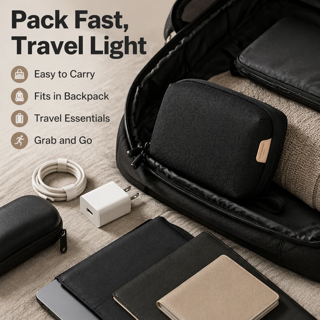 Compact Multi-Compartment Travel Electronics Organizer Bag