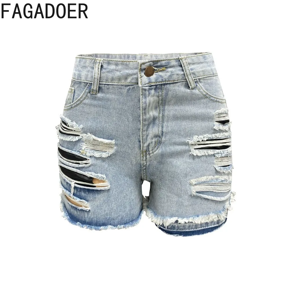 FAGADOER Fashion Hole Tassels Slim Denim Shorts Women High Waisted Button Pocket Straight Jean Female Irregular Cowboy Bottoms