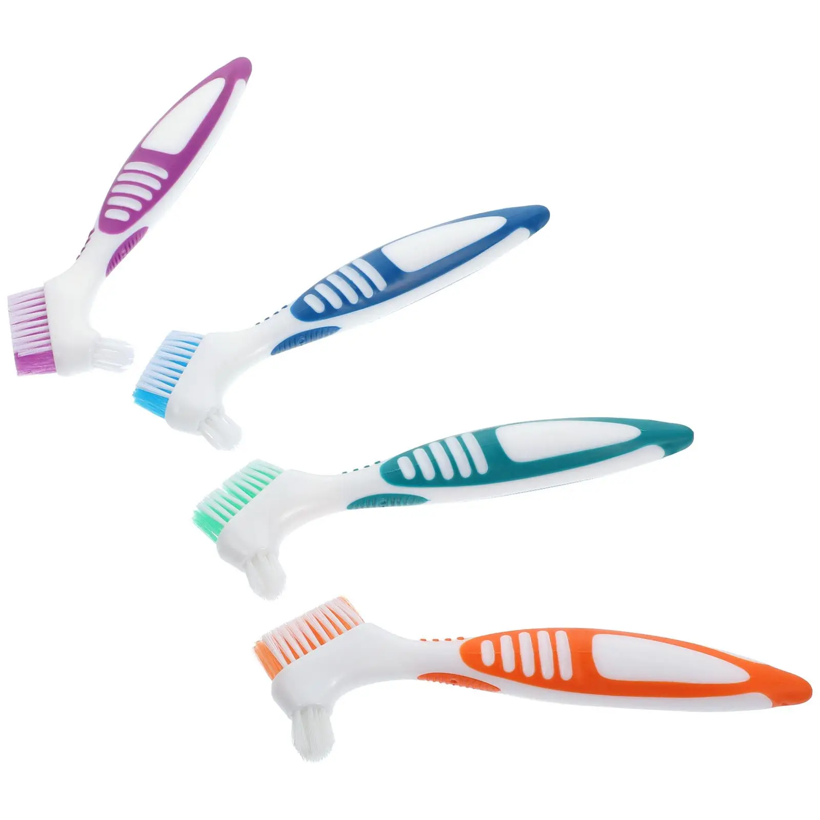 4Pcs 틀니 칫솔 양면 휴대용 청소 브러시 ??편안한 손잡이 가정용 부분 세미 풀 틀니 관리
