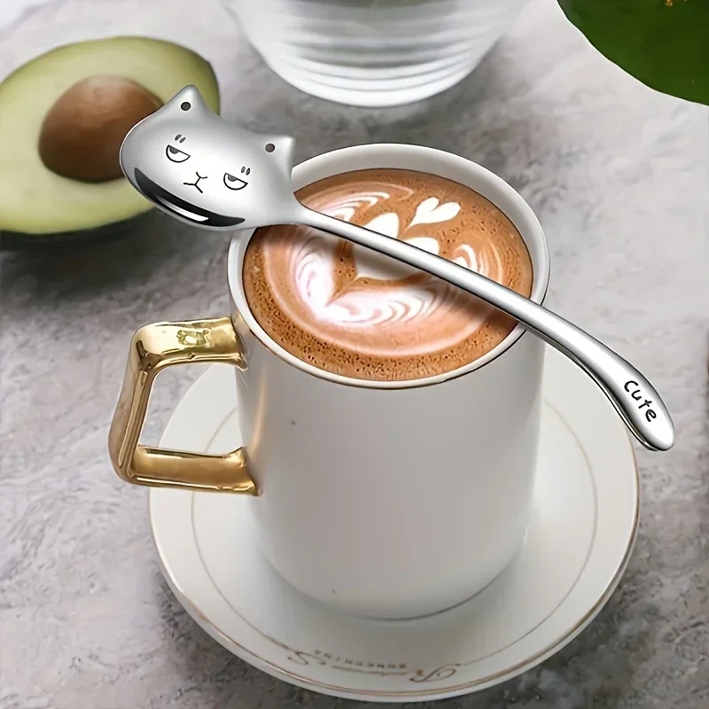 Cute Cat-Shaped Stainless Steel Spoon Long Handle Animal Print Perfect for Birthday Gift Kitchen,Dining & Bar Teaspoons