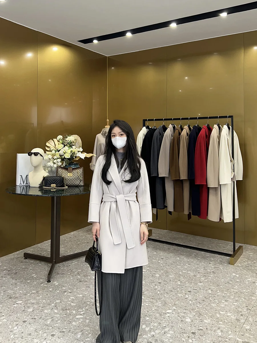 

Autumn and Winter New High end Double sided Cashmere Coat for Women Mid length Lace up Wool Coat for Women