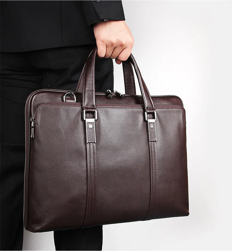 

Newsbirds Hot sale classic business bag laptop work totes brown black briefcase real cow skin men hands birthday gift