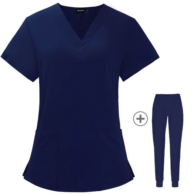 Operating Room Medical Uniforms Women Scrubs Clothes Sleeve V-Neck Workers T-Shirt Tops Summer Uniformes  Medical Accessories Navy Blue