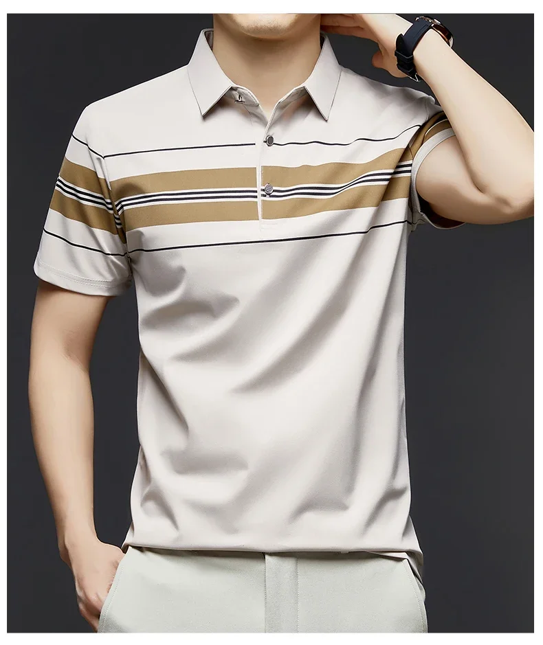 BROWON Brand 2025 Summer Men Polo Shirt Short Sleeve Lapel Collared Smart Casual Striped Office Polo Tops Tees for Men 26 Sf563044bb576434496156ac2175d5e11w