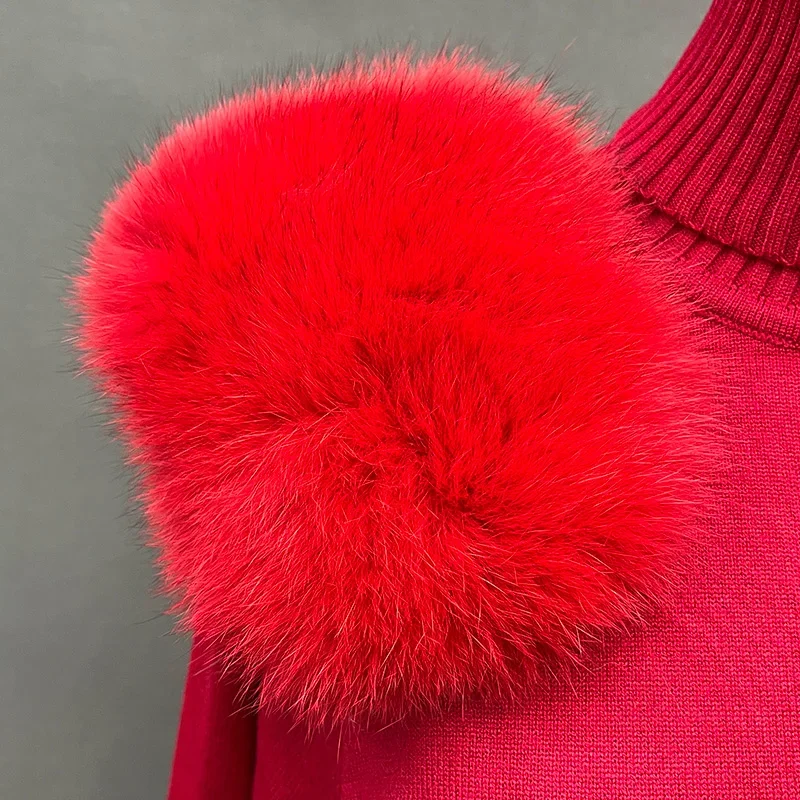 Women's Winter Knitted Sweater Pants Set Lady Fashion Tracking Suit Sweater Fox Fur Shoulder Stand Collar Pullover 6