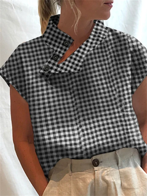 Celmia Women Short Sleeve Blusas 2022 Summer Cotton Linen Shirts Fashion Oversized Blouses Casual Loose Camisas Solid Tunic Tops Black (Plaid)