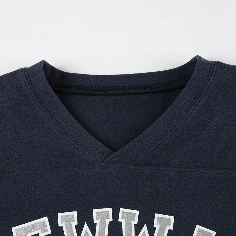 Sudadera Y2K con cuello en V para mujer, estampado de letras, estilo preppy, azul oscuro, manga larga, ropa de calle de invierno, jerséis informales