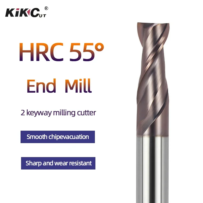 

1PC Tungsten Steel Alloy Milling Tool 55 Degree Hard 2 Flute Key Slot Straight Shank Flat Bottom Coating CNC End Mill