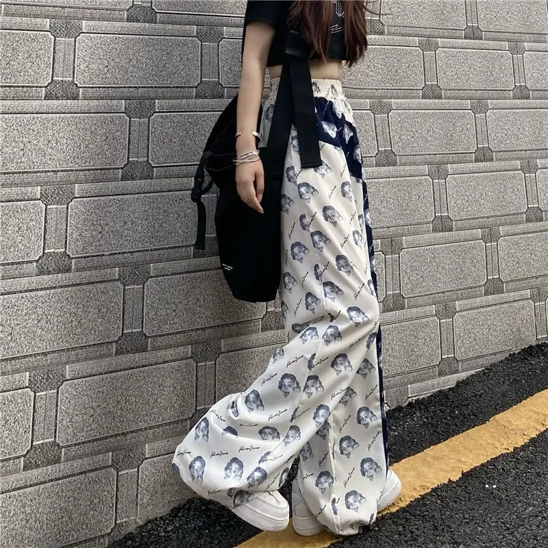 Summer Sports Chic Y2k Young Style Streetwear Women Korean Fashion Printed Contrasting Color All Match Long Wide Leg Trousers