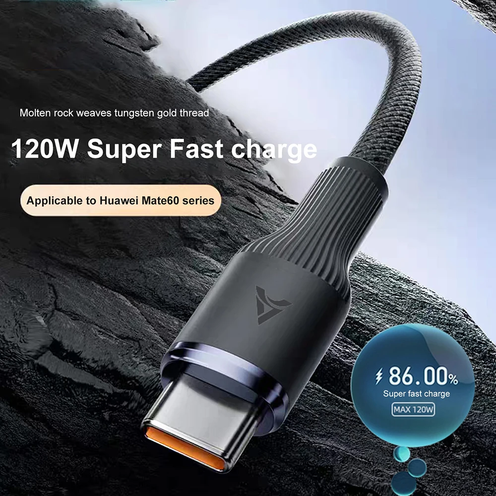 Cabo de dados trançado USB para Tipo C de 120W com carregamento rápido, super rápido, para iPhone 16, Samsung, Xiaomi, Huawei, 0,25m, 1m, 2m, 3m