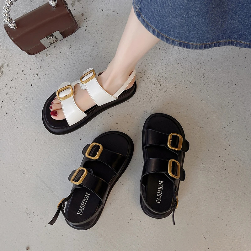 Metal Pin Buckle Design Women's Sandals 2024 Summer Korean Fashion Casual Flat Sandals Simple Versatile Ladies Platform Sandals