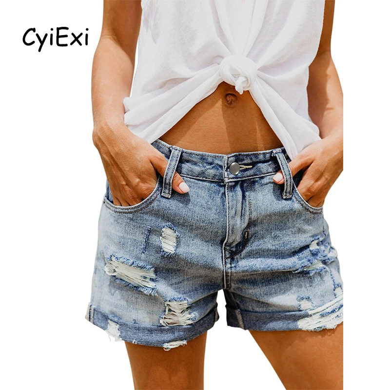 

CyiExi Summer Vintage Faded Woman Jeans Shorts Female Rolled Cuff Distressed Denim Shorts Plus Size Ladies Hole Hot Short Pants