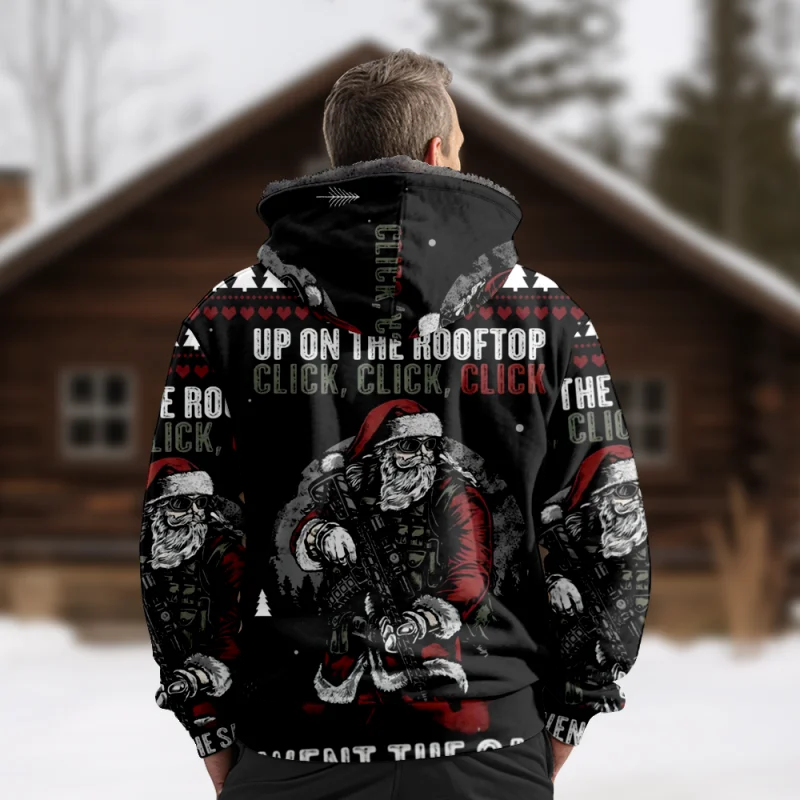 Christmas Cotton Coat Hooded Sweater Casual Print Men's Fur Loop Arctic Velvet Zipper Patch Pocket Hooded Sweater a06