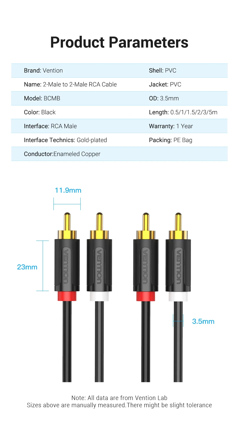 2 RCA to 2 RCA Cable Male to Male Audio Aux Cable for HDTV Home Theater DVD Ampl
