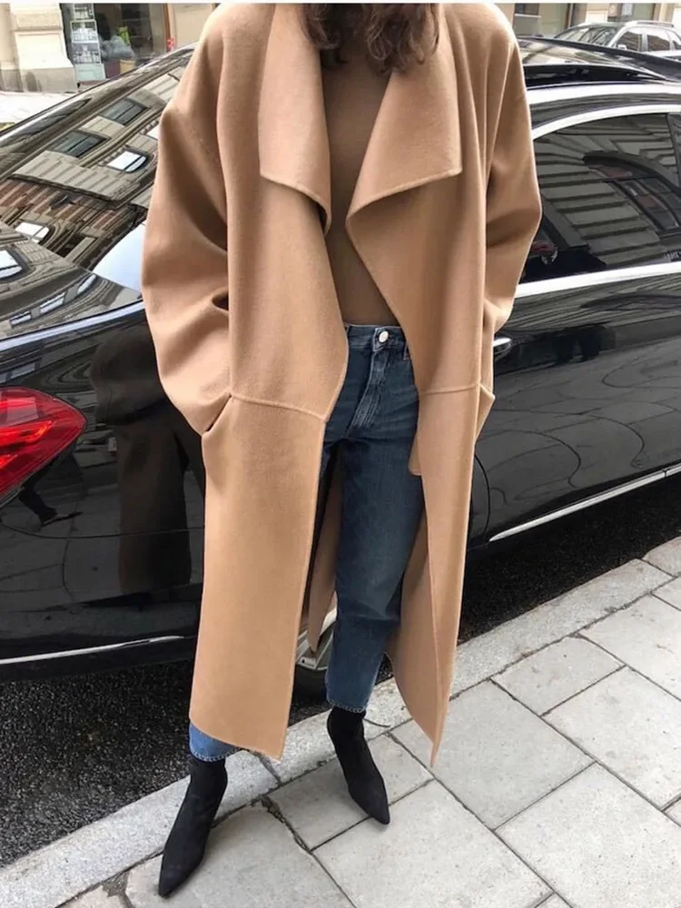 

New Women Woolen Long Coat Winter Side Slit Big Turn-down Collar Warm Jacket Camel Black Grey Color Mid-Length Outwear Tops