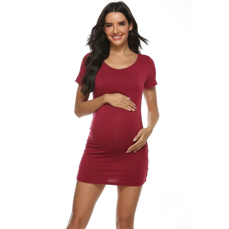 

Maternity Dresses Women Side Ruched Pregnany Dress Bodycon Pregnant Clothes Casual Mama Short Sleeve Wrap Baby Showers