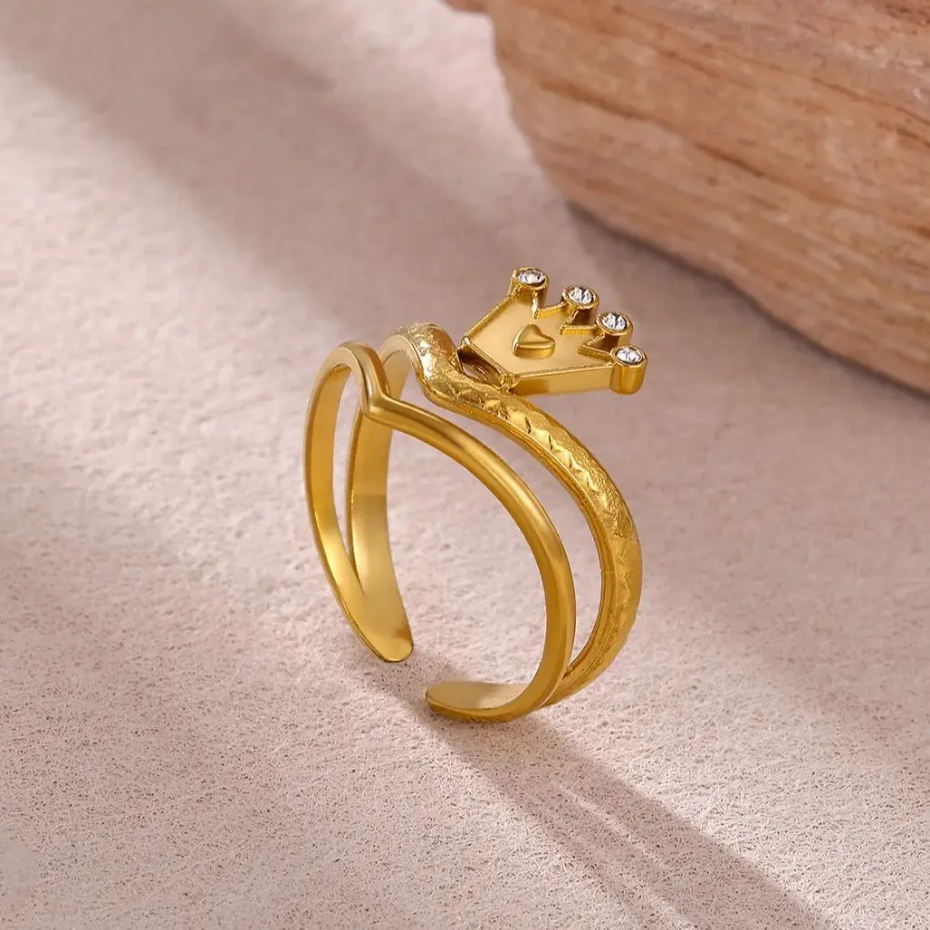 Elegant Zircon Crown Rings Gold Color Stainless Steel Adjustable