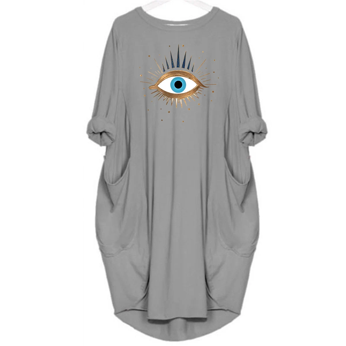 שמלת קיץ ואביב לנשים עם דוגמת עין מודפסת, אופנתית ומרווחת עם שרוולים ארוכים וכיסים