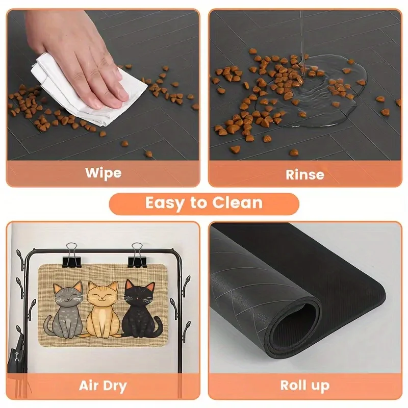 Non-Slip Absorbent Pet Feeding Mat with Cartoon Cat Design, Easy to Clean, 80x50cm