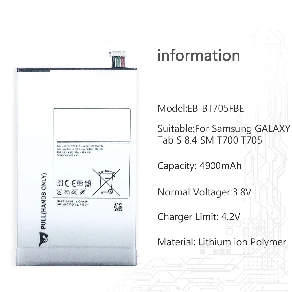 Tablet Battery For Samsung GALAXY Tab S 8.4 SM T700 T705 EB-BT705FBE 4900mAh rechargeable battery
