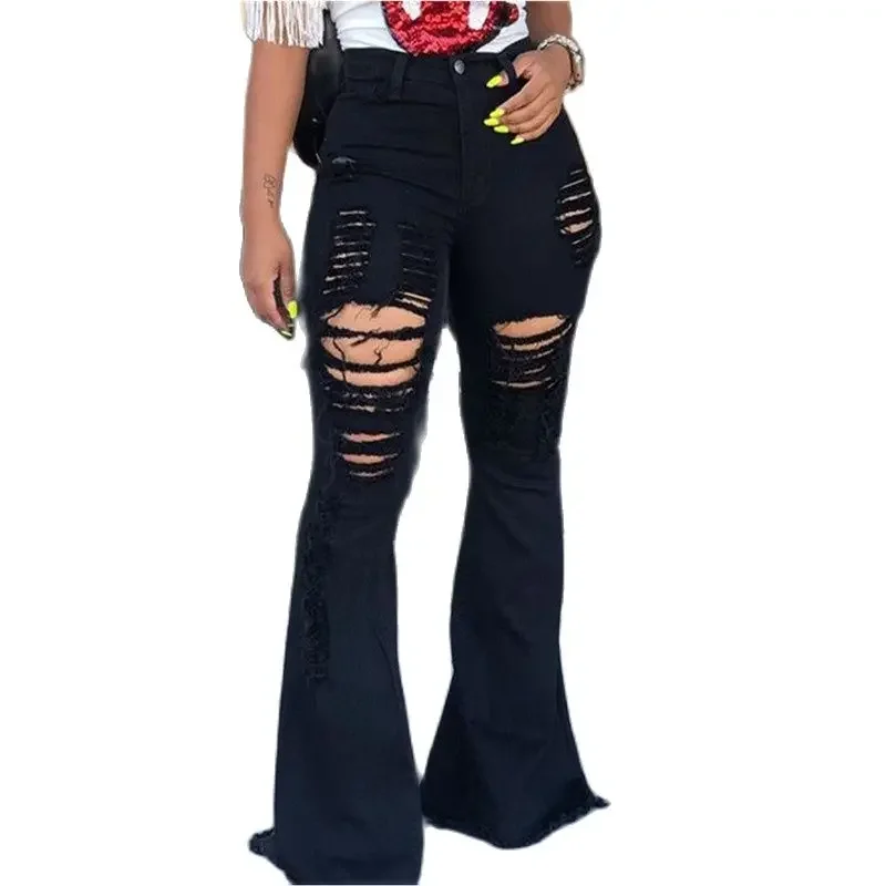 Женские брюки-клеш с завышенной талией, эластичные рваные Брюки с широкими штанинами, в стиле ретро, 2024