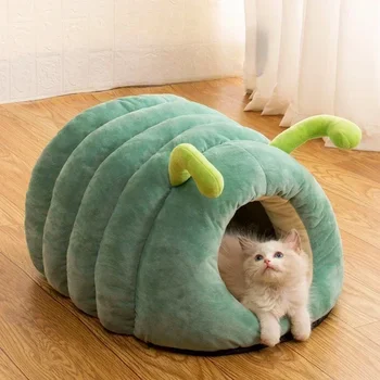 애벌레 모양 고양이 둥지 폐쇄 작은 강아지 집 만화 고양이 침대, 겨울 따뜻한 고양이 빌라 강아지 침대, 미끄럼 방지 개 수면 매트