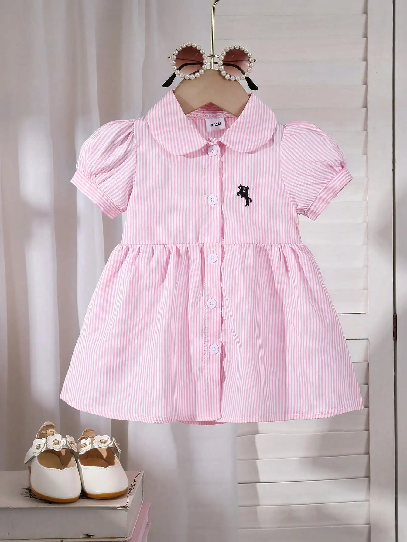Baby Girl Embroidered Striped Stand Collar Bubble Sleeve Dress, Fresh College Style, Perfect for Outdoor Play, Versatile and Cut 1