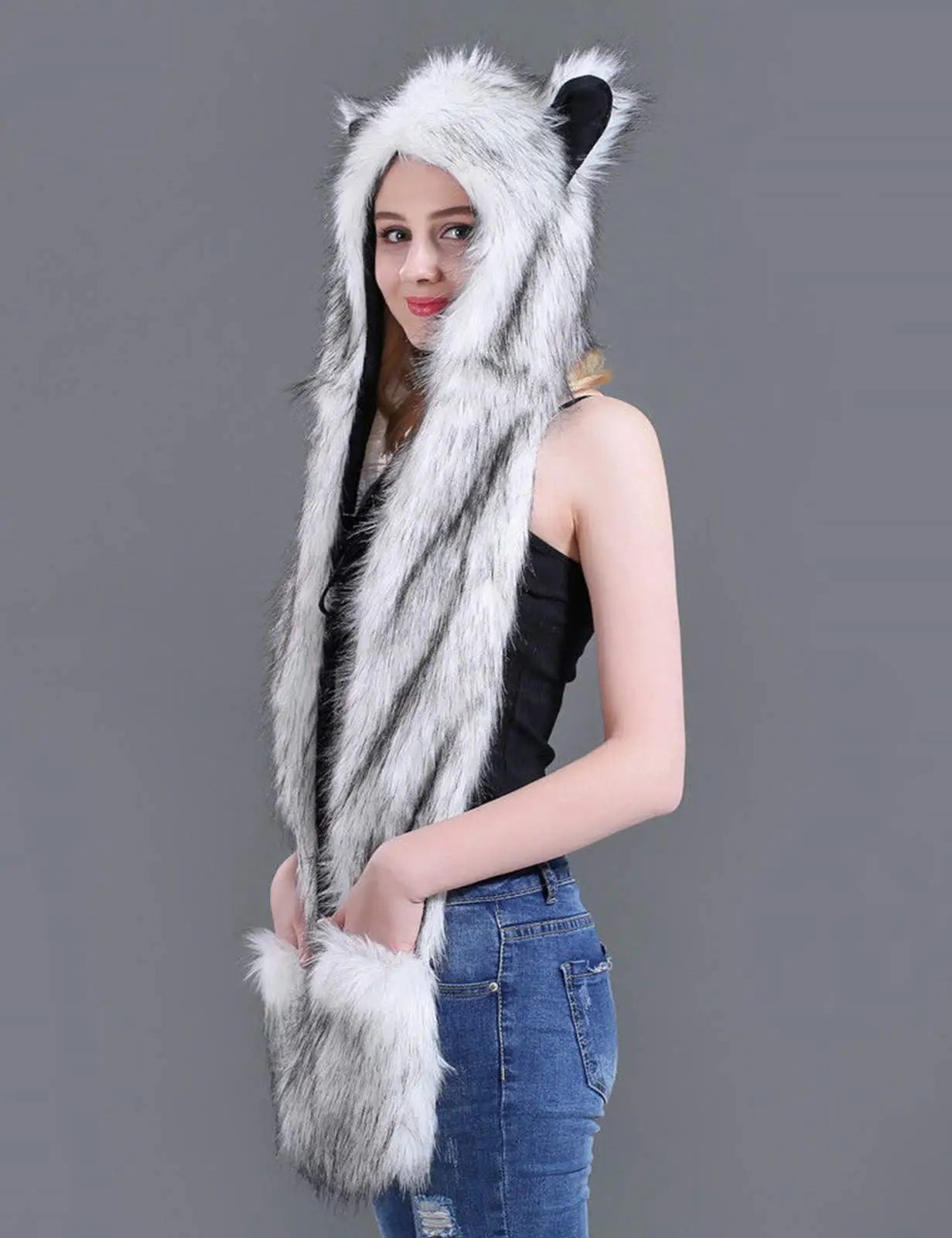 Snow Wolf Faux Fur Hood Animal Hat Ear Gloves 3 in1