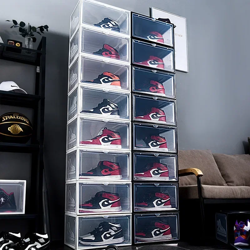 Shoe Storage Box Transparent Magnetic Plastic Sneakers Box Stackable Displayable Dust-proof Large Volume Bedroom Shoes Organizer
