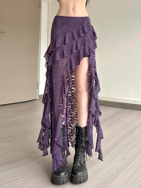 Weird Puss Tassels Women Skirts Chic Irregular Hem Multi-Layered Ruffles Lace Patchwork Summer Trend Skinny Versatile Bottoms