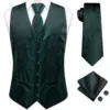Hi-Tie Dark Green Men's Vests Tie Set Silk Paisley Jacquard Waistcoat Jacket Necktie Hanky Cufflinks Wedding Formal Party Gifts 1
