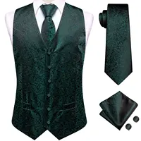 Hi-Tie Dark Green Men's Vests Tie Set Silk Paisley Jacquard Waistcoat Jacket Necktie Hanky Cufflinks Wedding Formal Party Gifts 1