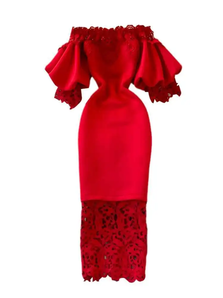 XFPV elegante sólido encaje empalme ahueca hacia fuera el Vestido