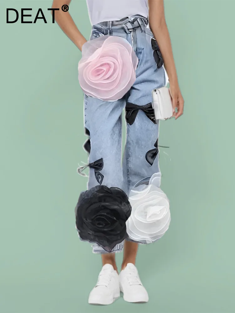 

DEAT Trendy Fashion Women's Flower Spliced Contrast Color Bows Jeans 2024 Summer High Waist Straight Denim Pants Female 11A0383